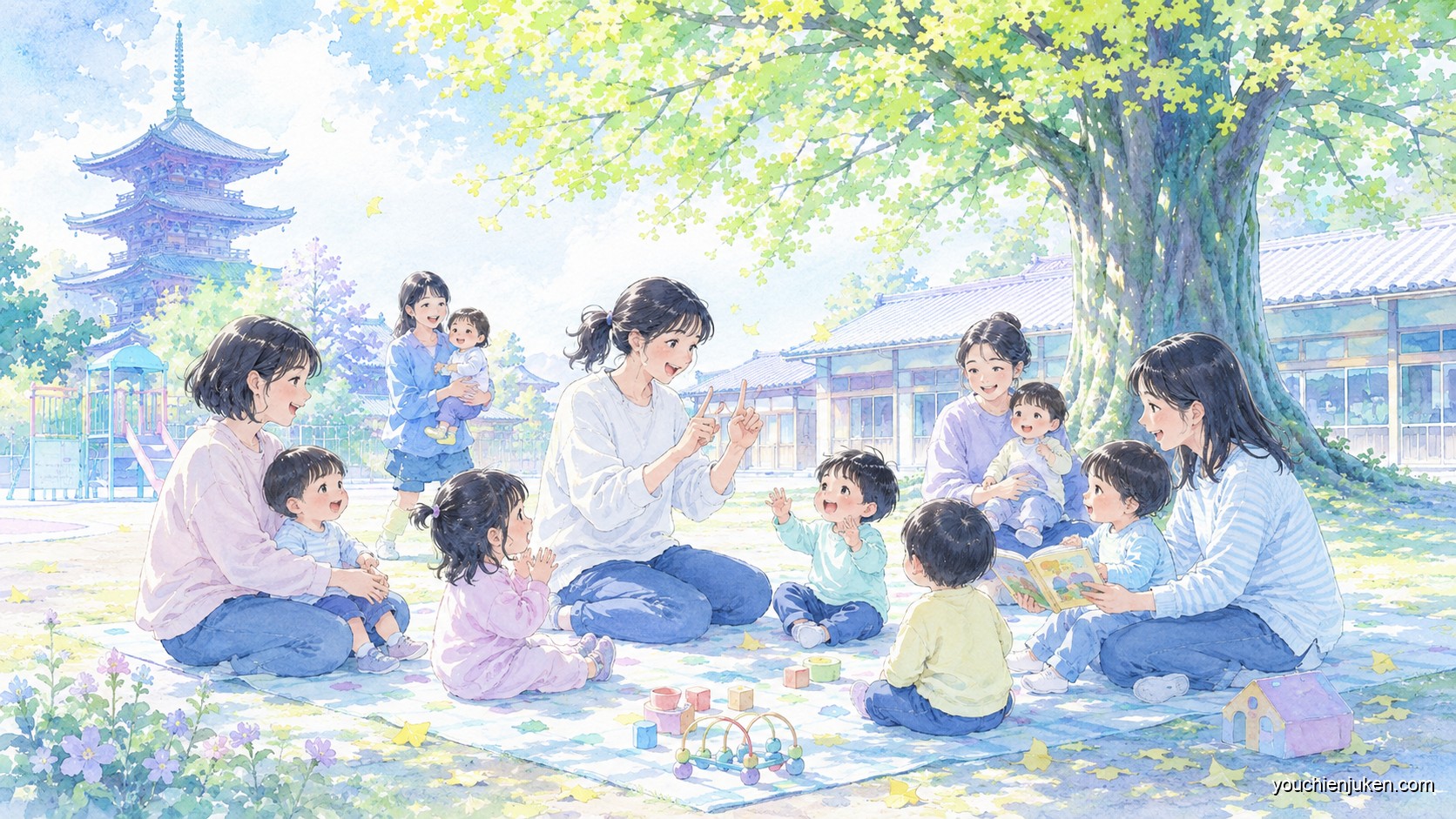 京都教育大学附属幼稚園の施設見学会に参加する親子