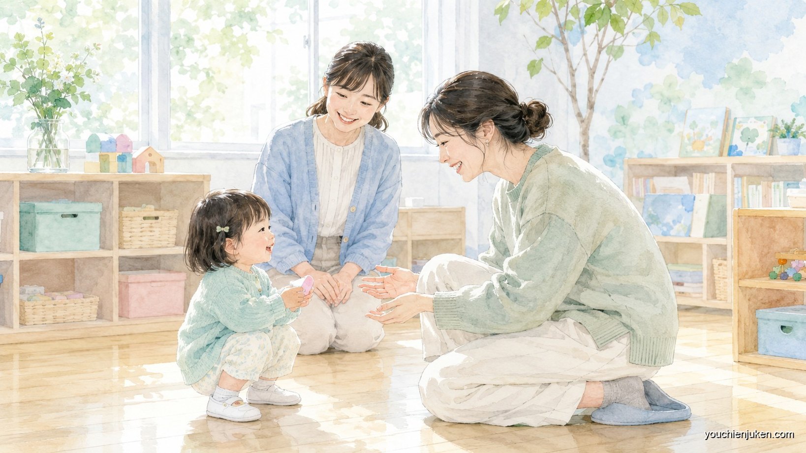幼児教室で先生に見守られながら母と子が笑顔で向き合う様子