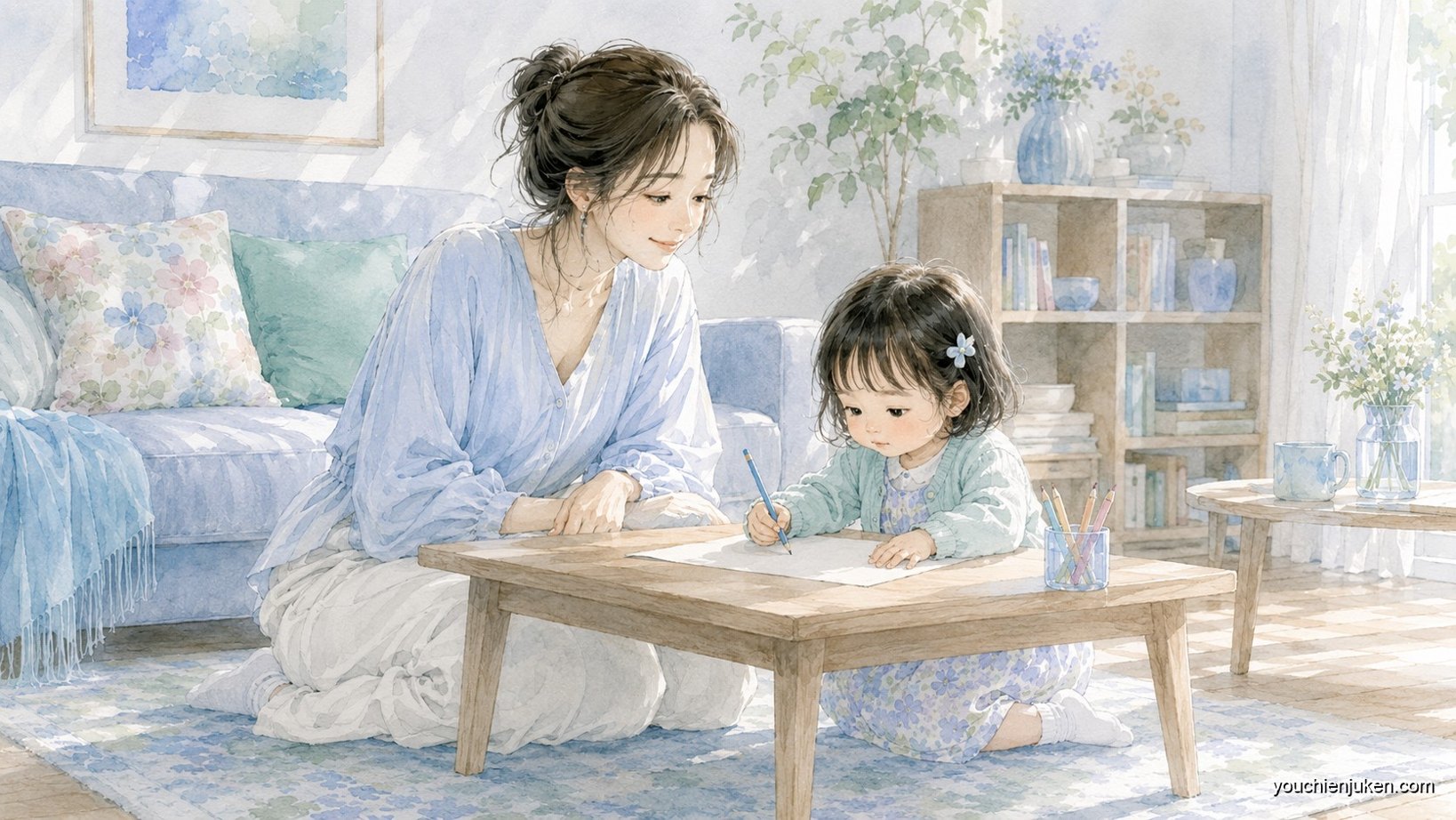 自宅で幼い子どもがプリントに取り組み母が穏やかに見守る様子