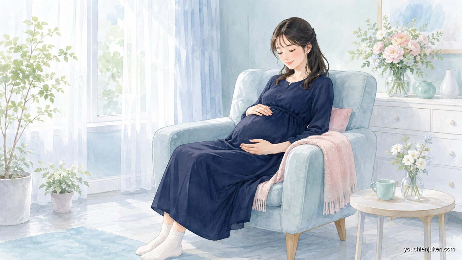 妊娠中の母親が椅子に座って過ごす様子のイメージ
