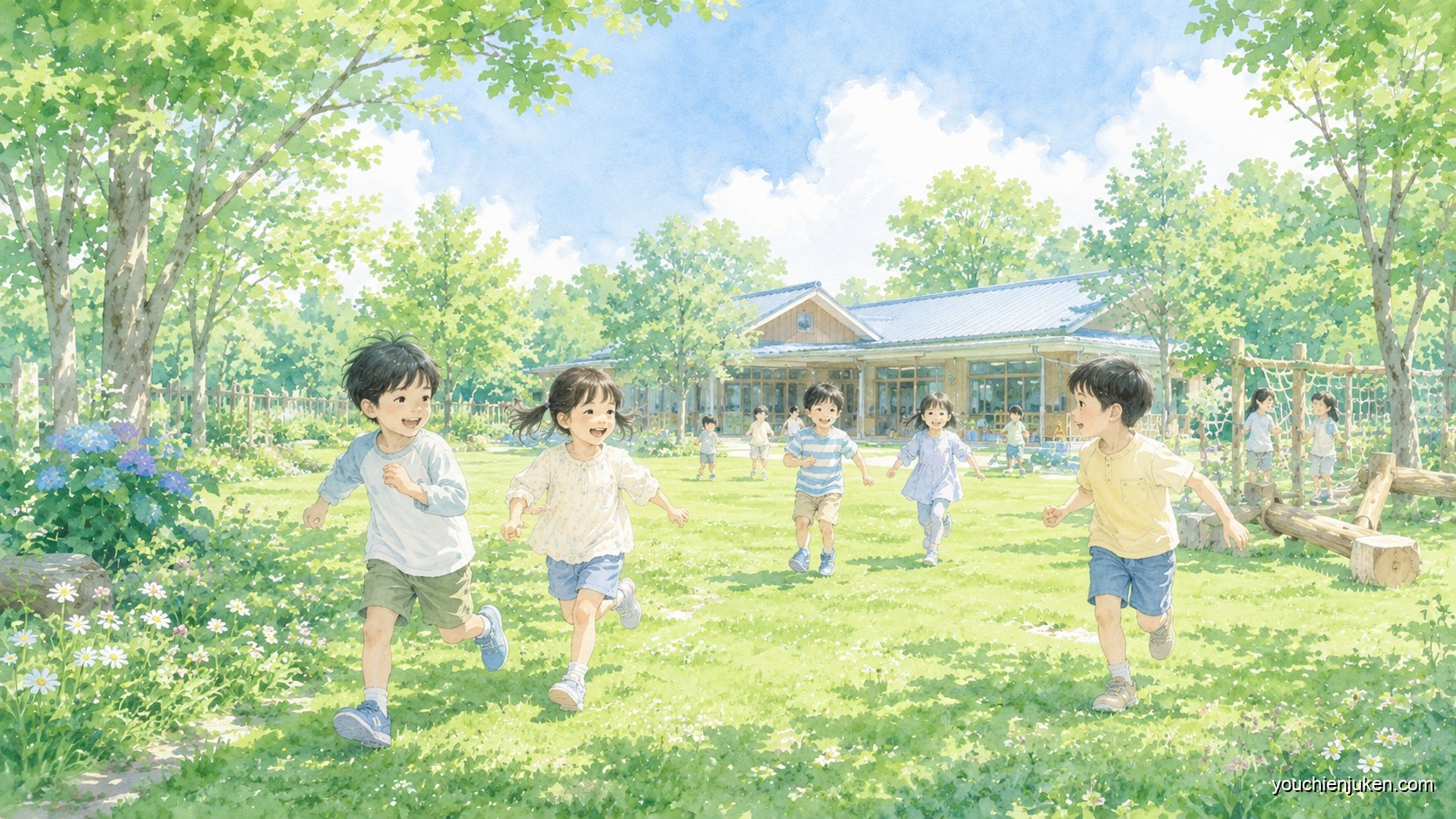 三重大学教育学部附属幼稚園の園庭でのびのび過ごす子どもたち