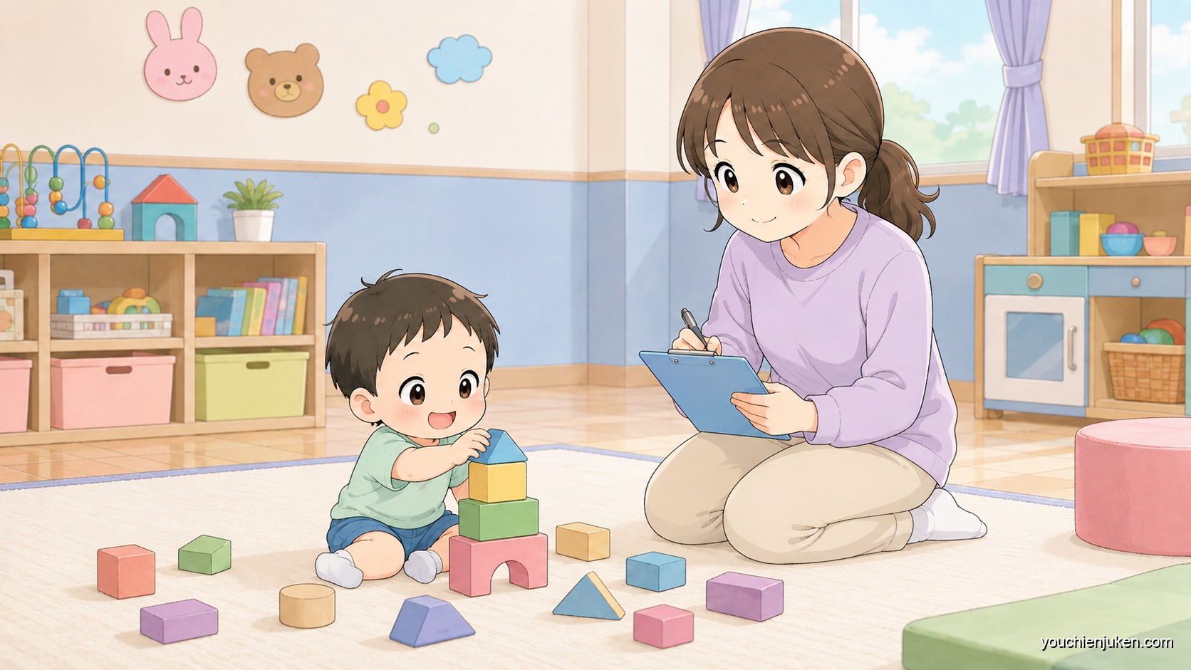 広島大学附属三原幼稚園の選考をイメージした親子と先生
