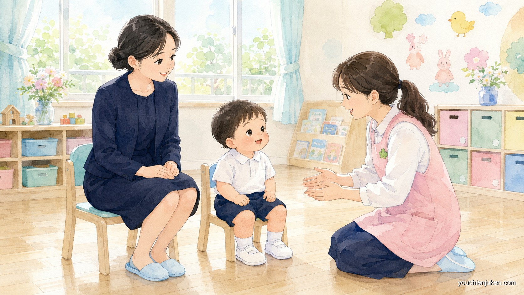 宮城教育大学附属幼稚園の選考で親子面接にのぞむ様子