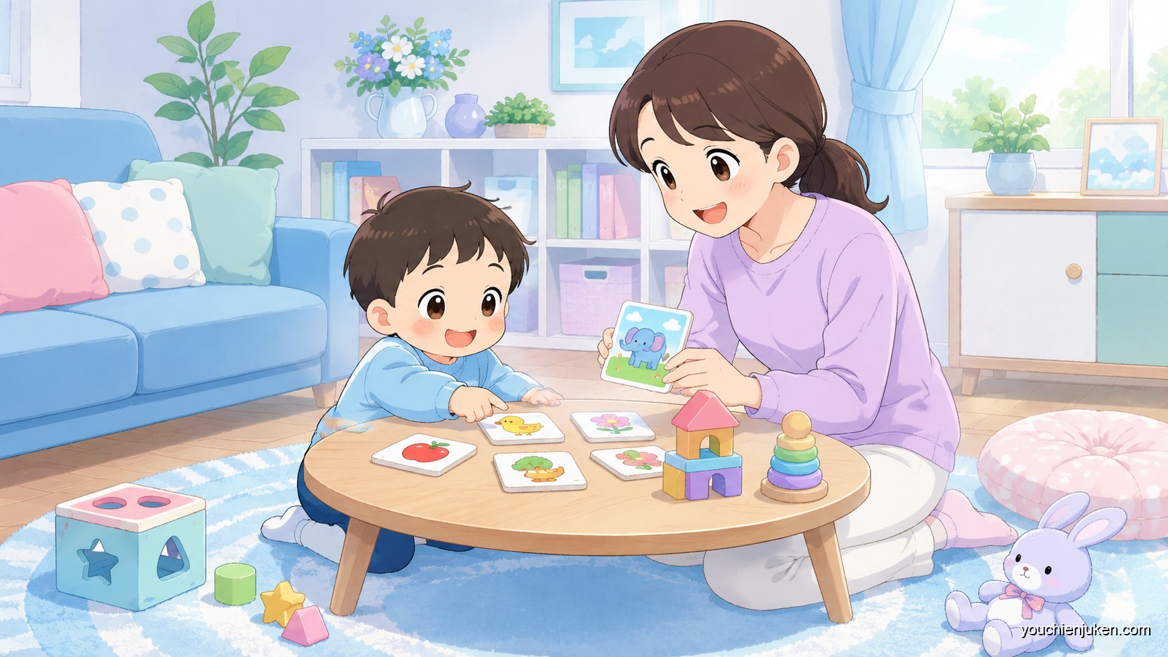 家庭で幼稚園受験の準備に取り組む親子
