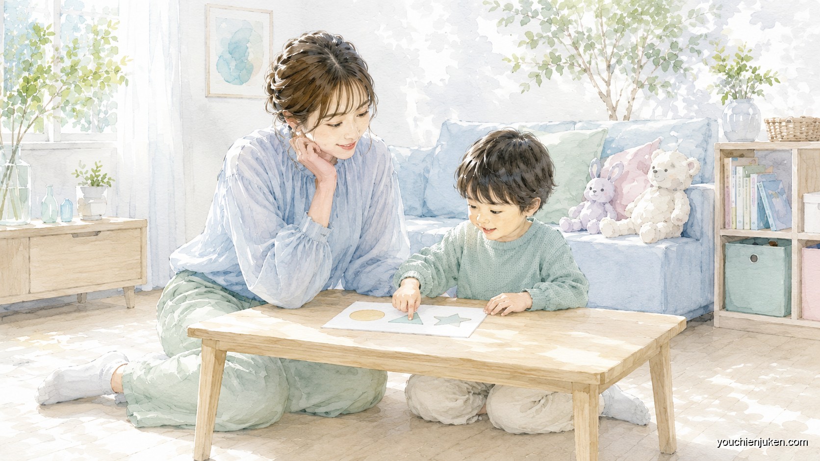 モコモコゼミのカード教材に親子で取り組むイメージ
