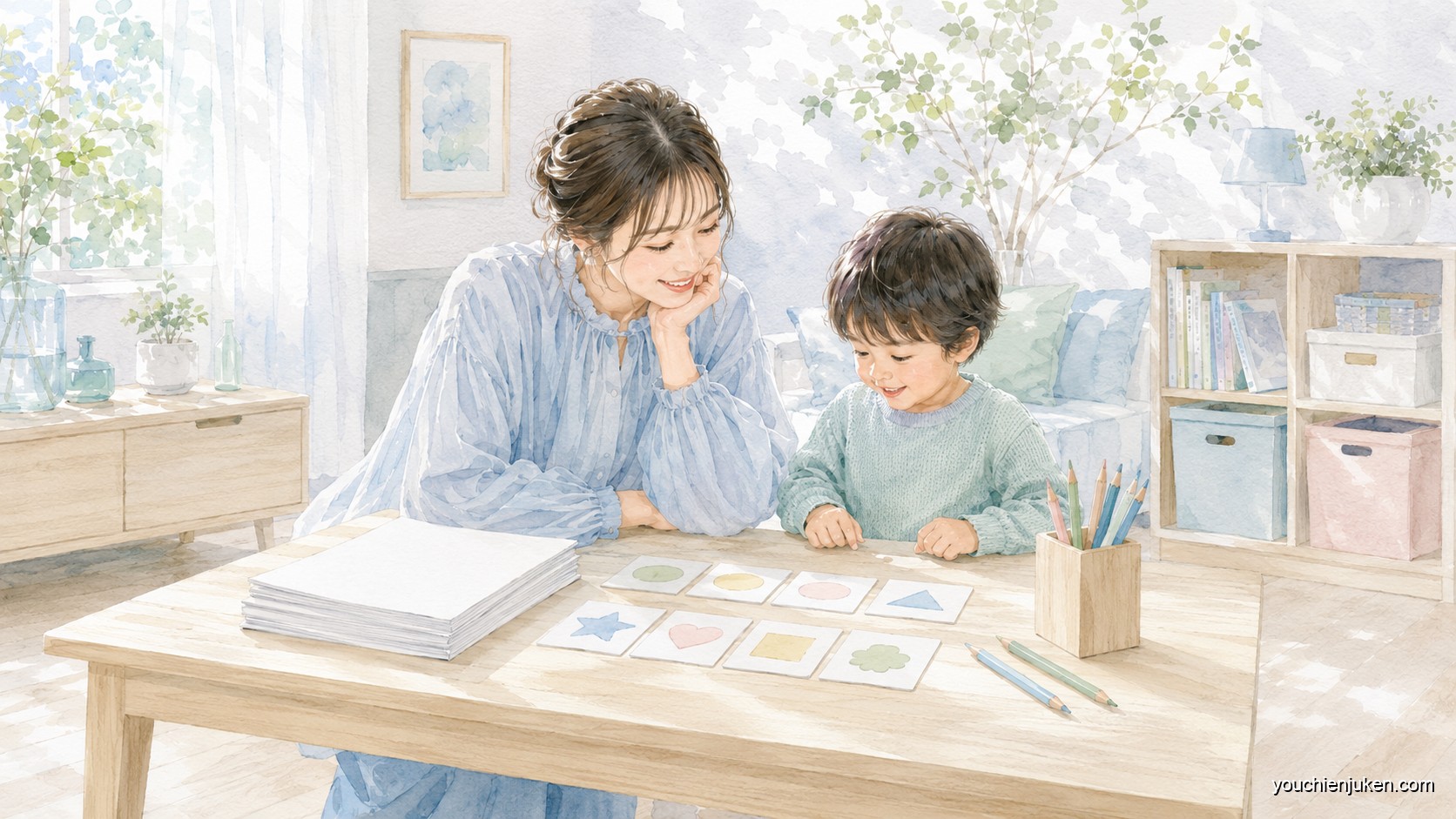 モコモコゼミの冊子とカード教材を親子で見るイメージ