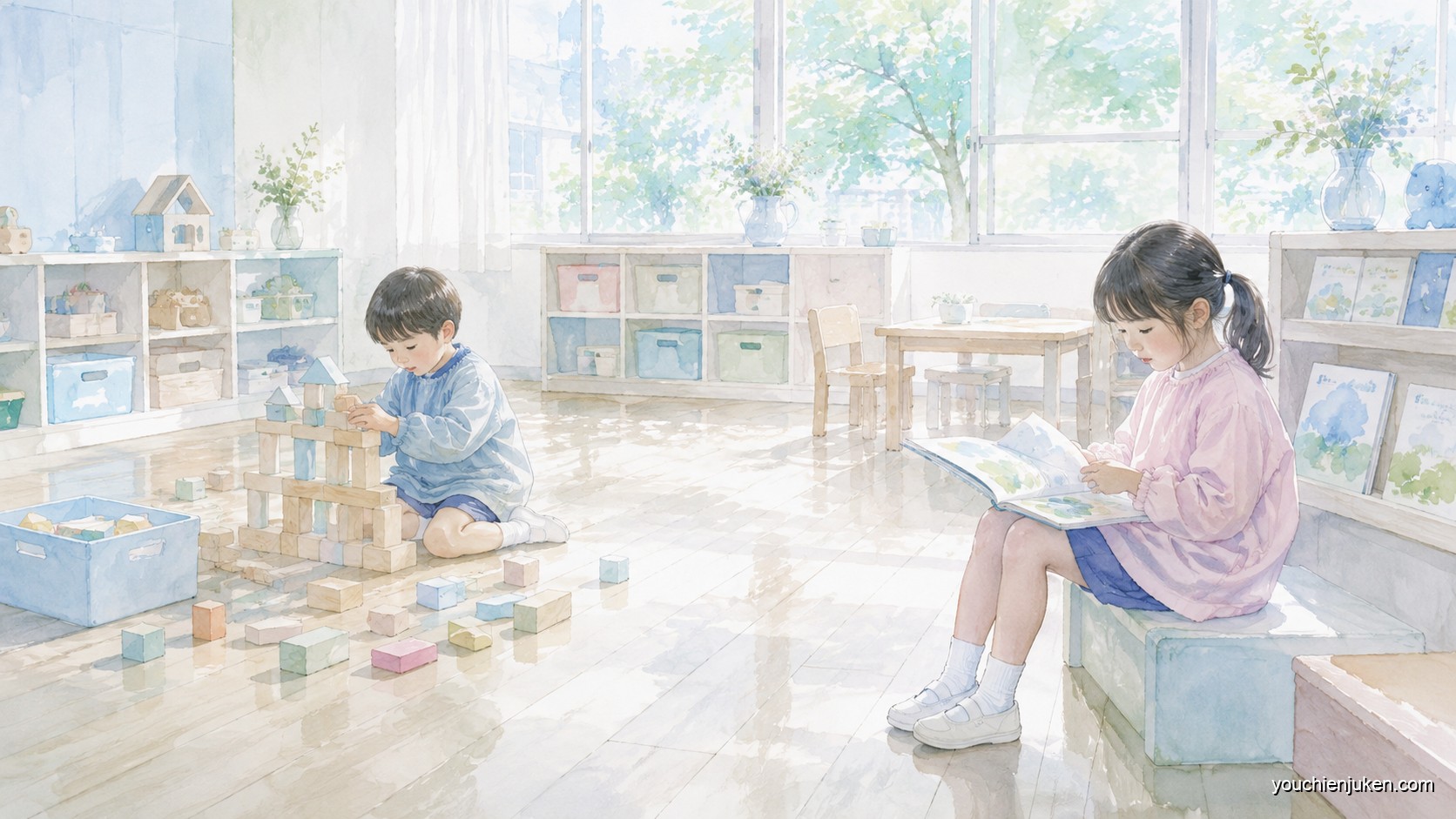 奈良女子大学附属幼稚園の園舎と学園前のようす