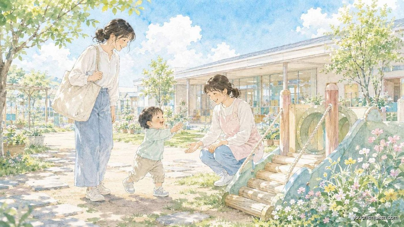 親子で園庭を訪れる園見学のイメージ