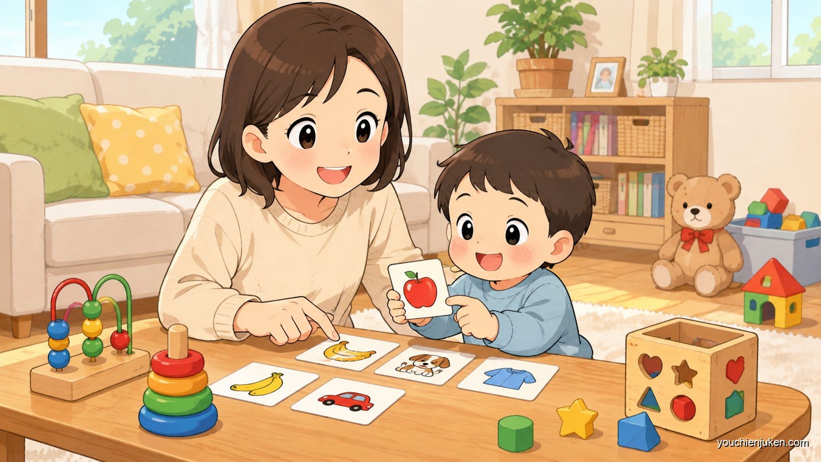 家庭で幼稚園受験の準備に取り組む親子