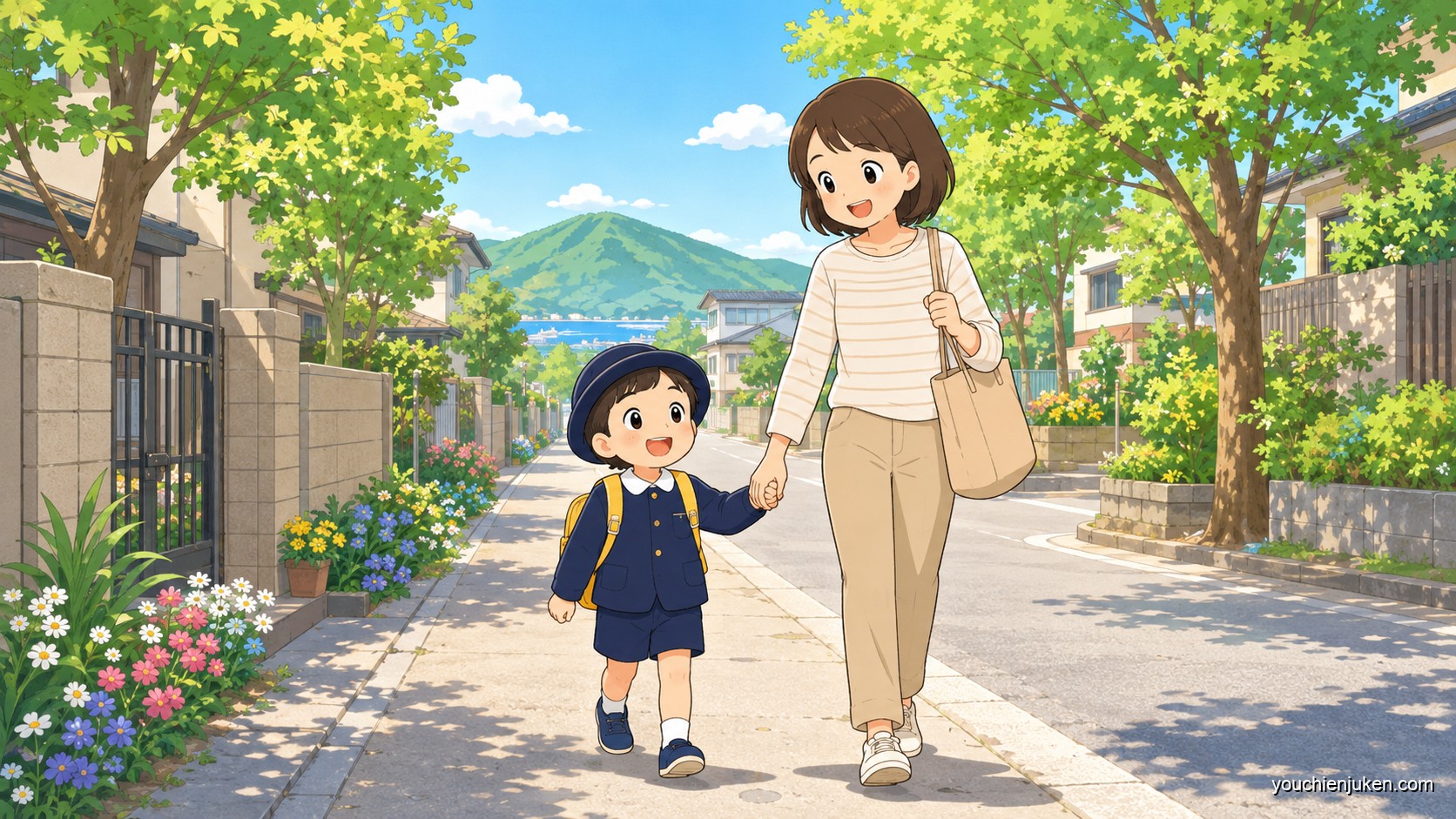 保護者の付き添いで鳴門教育大学附属幼稚園に通園する親子