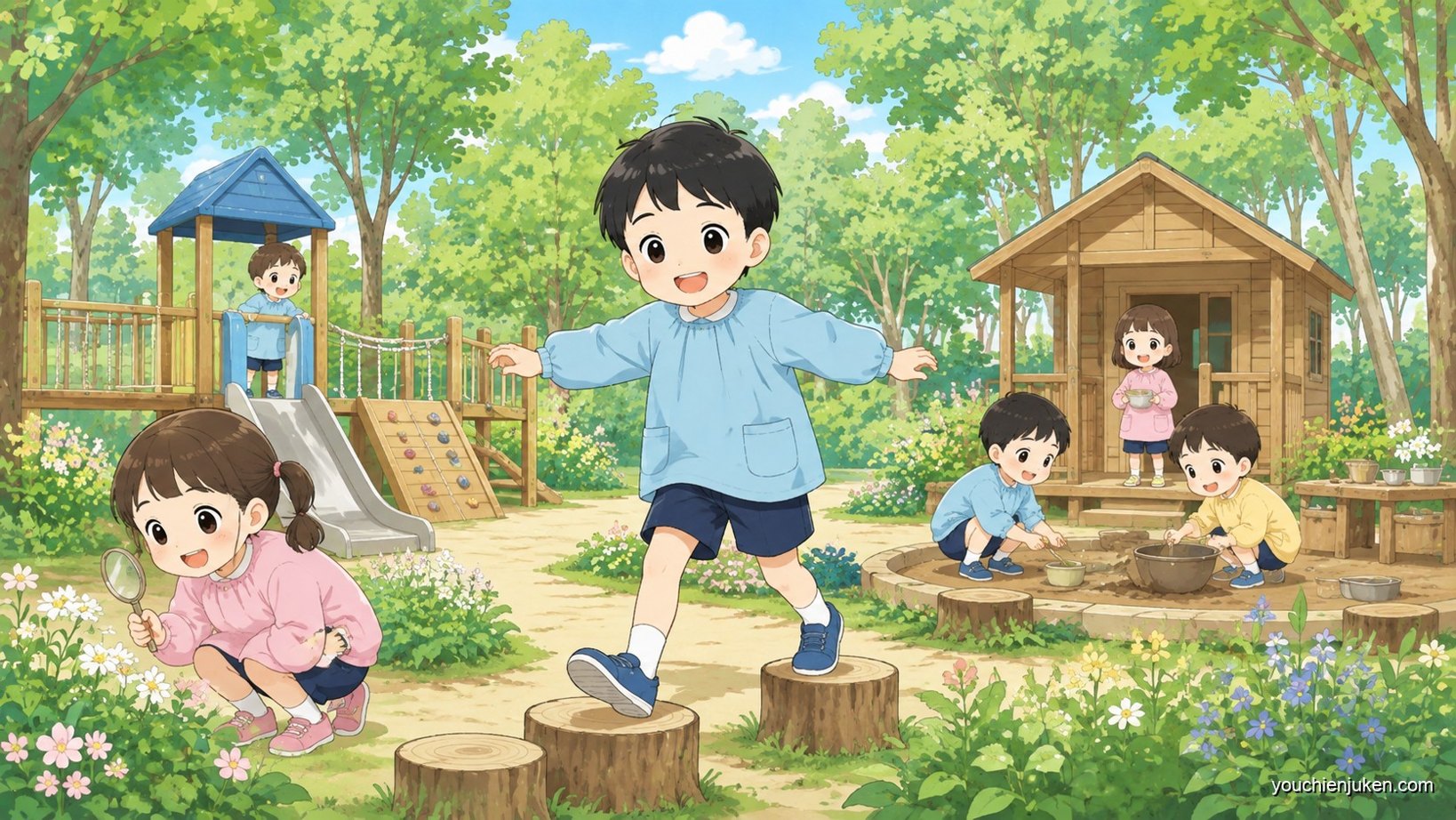 岡山大学附属幼稚園の自然豊かな園庭でのびのび遊ぶ子ども