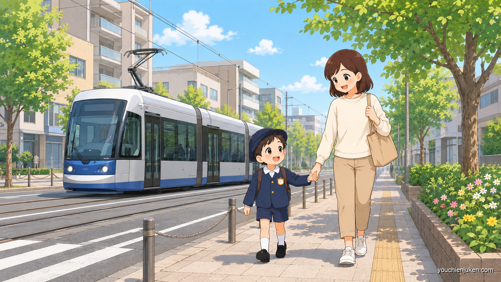 保護者の付き添いで幼稚園に通園する親子