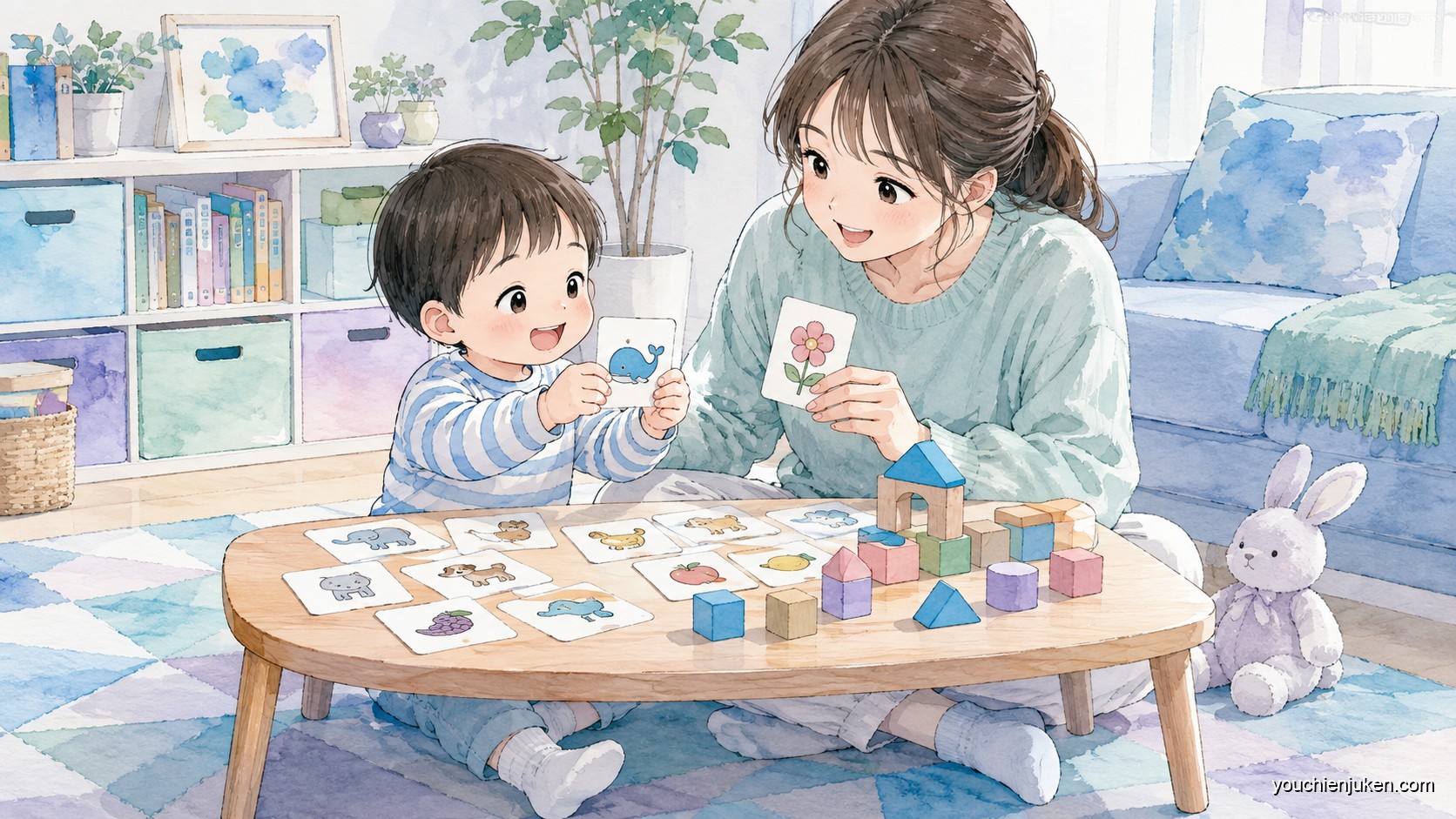 家庭で佐賀大学教育学部附属幼稚園の受験準備に取り組む親子