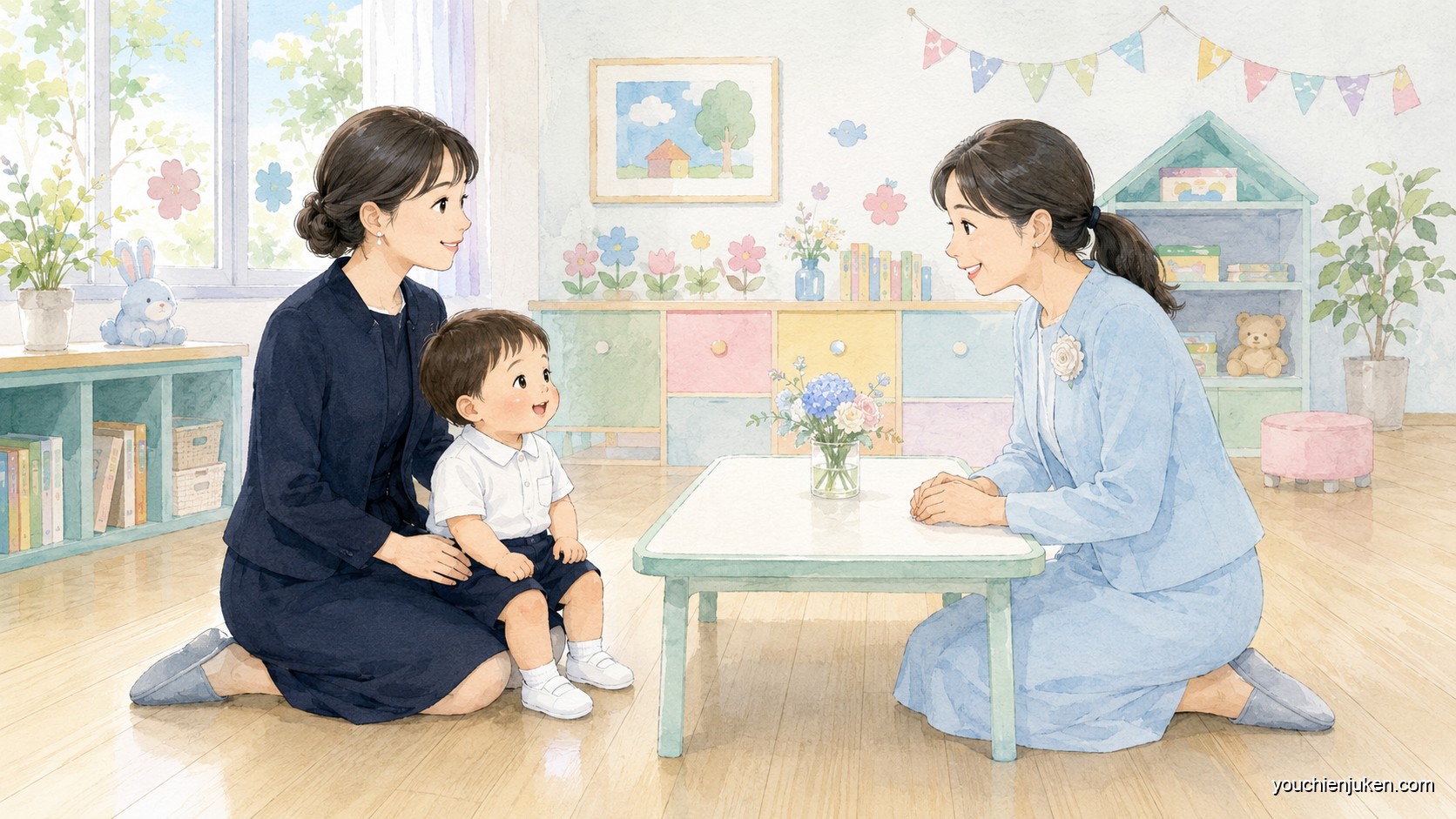埼玉大学教育学部附属幼稚園の考査に親子で臨む様子