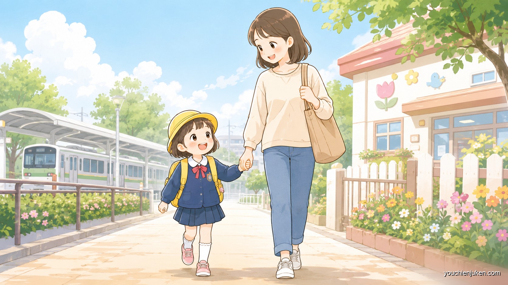 徒歩で滋賀大学附属幼稚園に通園する親子