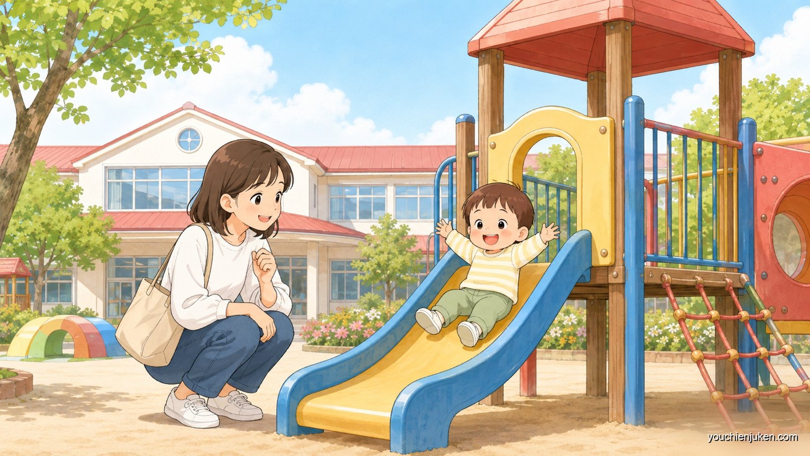 幼稚園の園庭開放で遊ぶ未就園児の親子