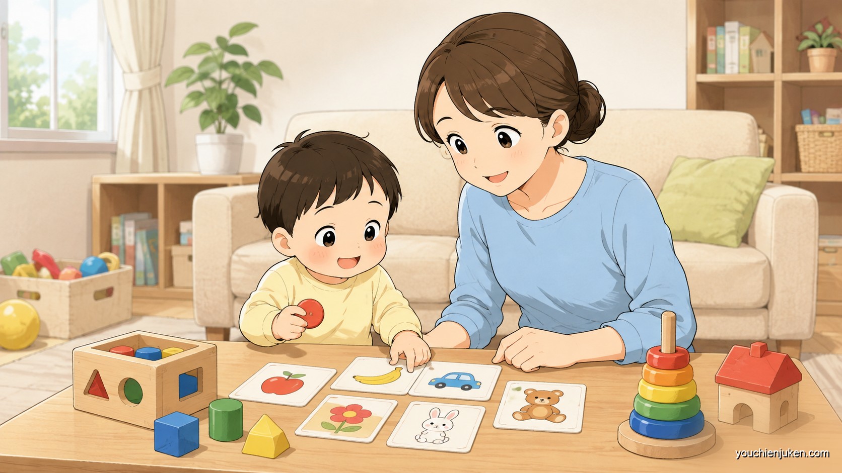 家庭で幼稚園受験の準備に取り組む親子