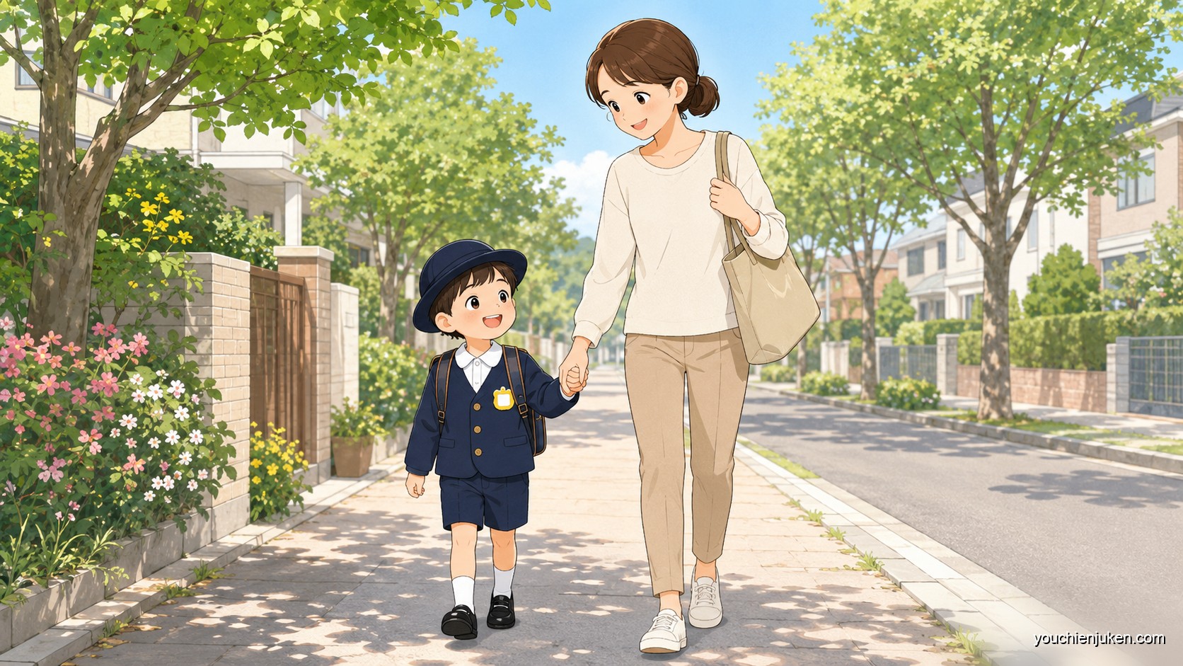 保護者の付き添いで幼稚園に通園する親子