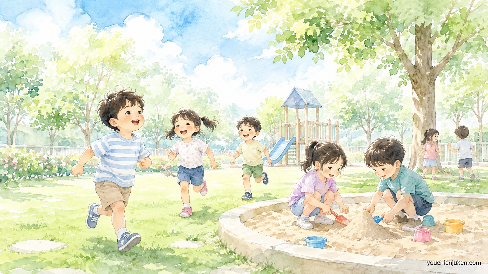静岡大学教育学部附属幼稚園の園庭でのびのび過ごす子どもたち