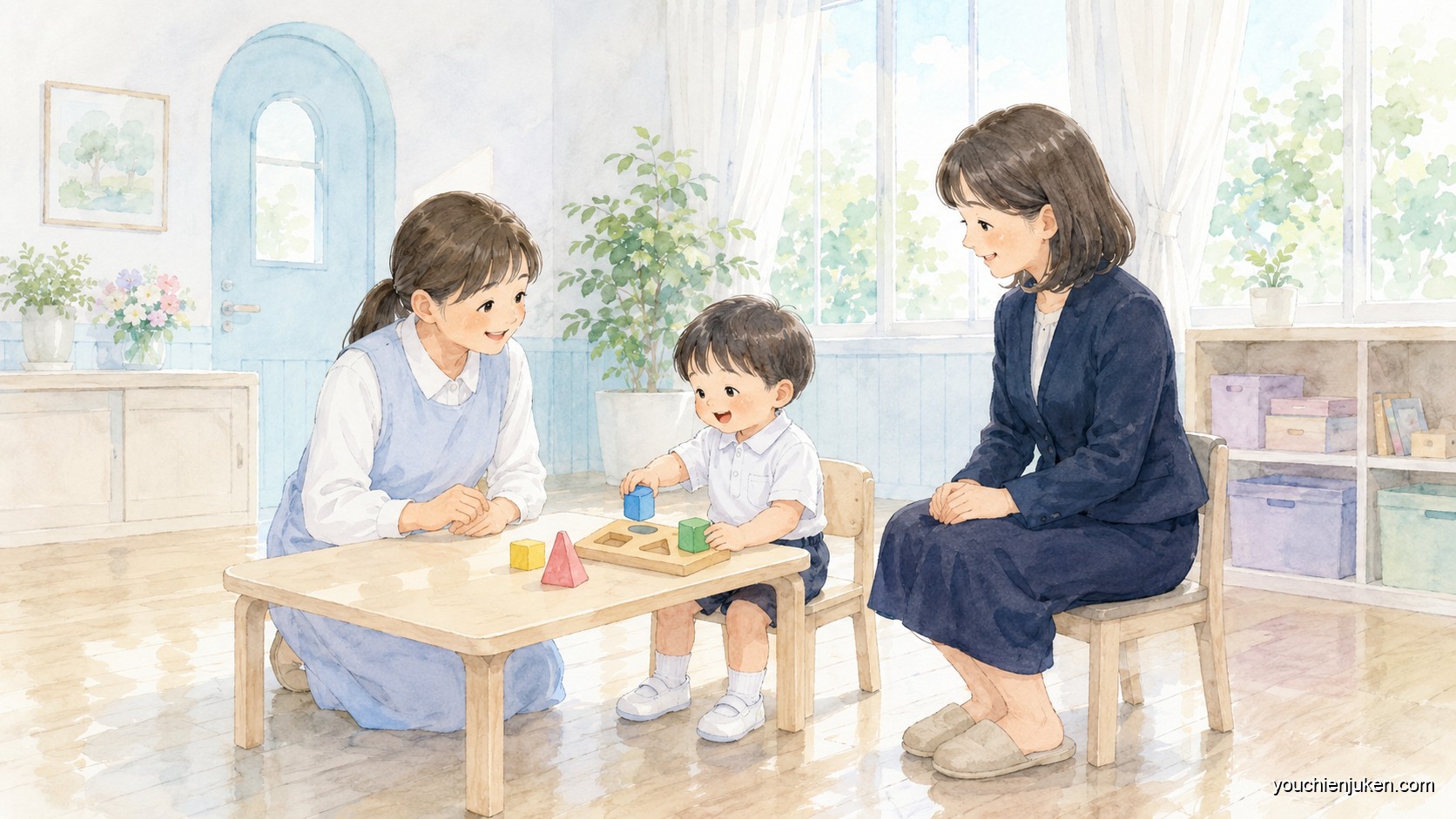 静岡大学教育学部附属幼稚園の選考をイメージした親子と先生