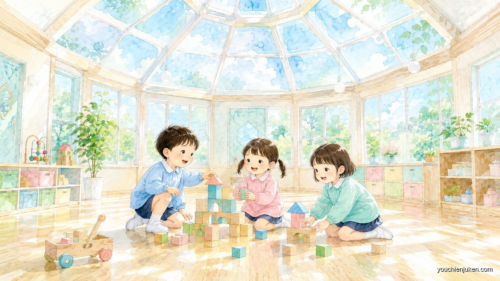 宇都宮大学共同教育学部附属幼稚園の正六角形の遊戯室で遊ぶ子ども