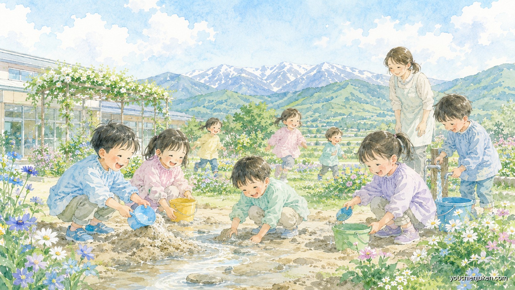 山形大学附属幼稚園の園庭でのびのび過ごす子どもたち