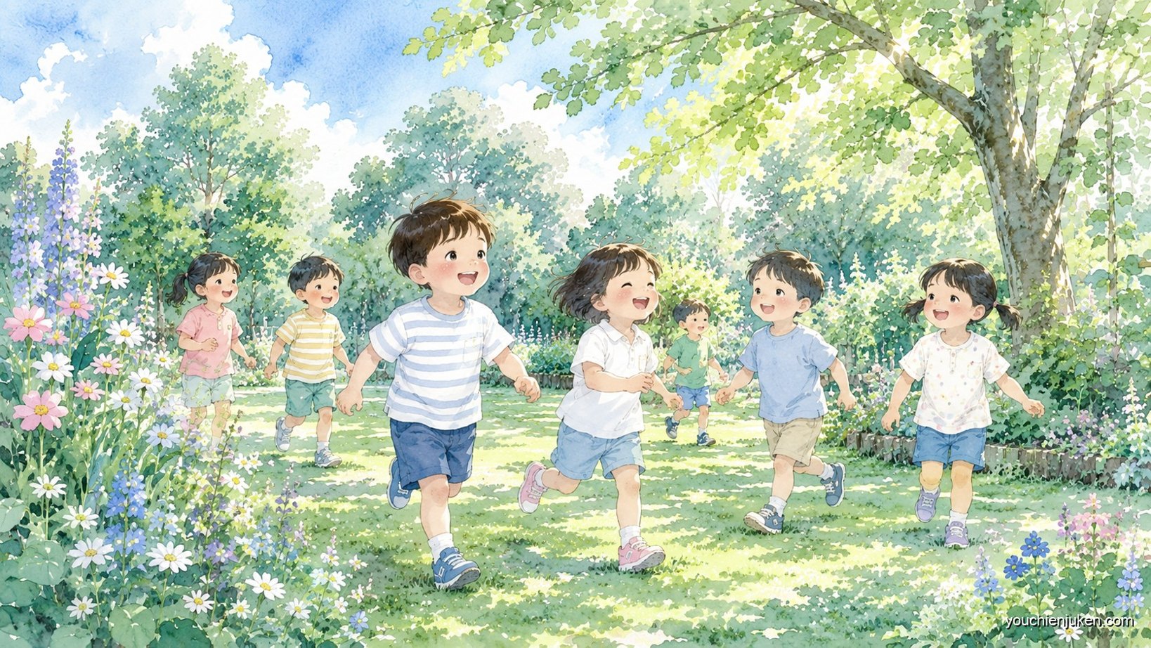 山口大学教育学部附属幼稚園の園庭でのびのび過ごす子どもたち