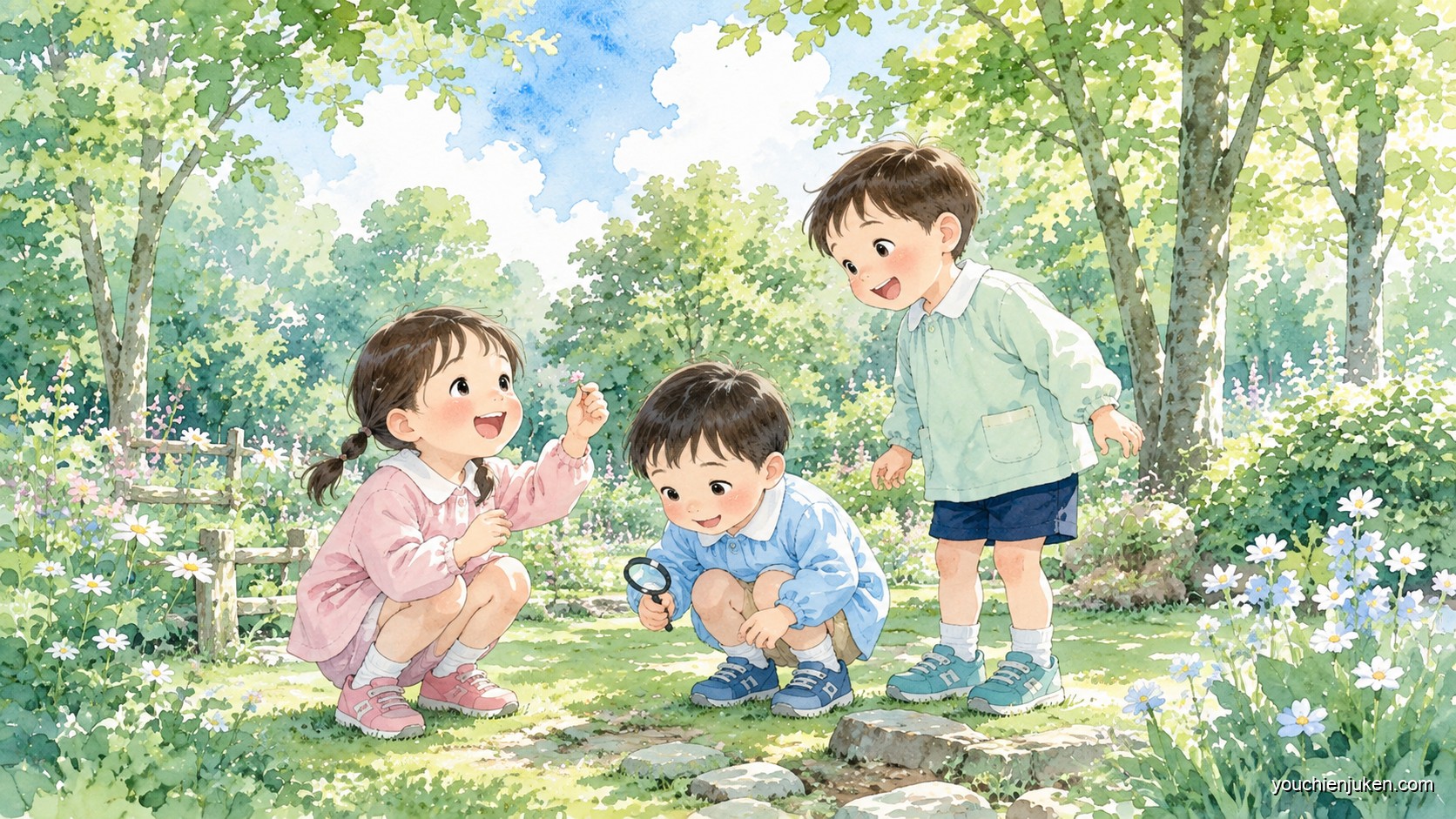 山口大学教育学部附属幼稚園の園庭や自然のなかで遊ぶ子どもたち