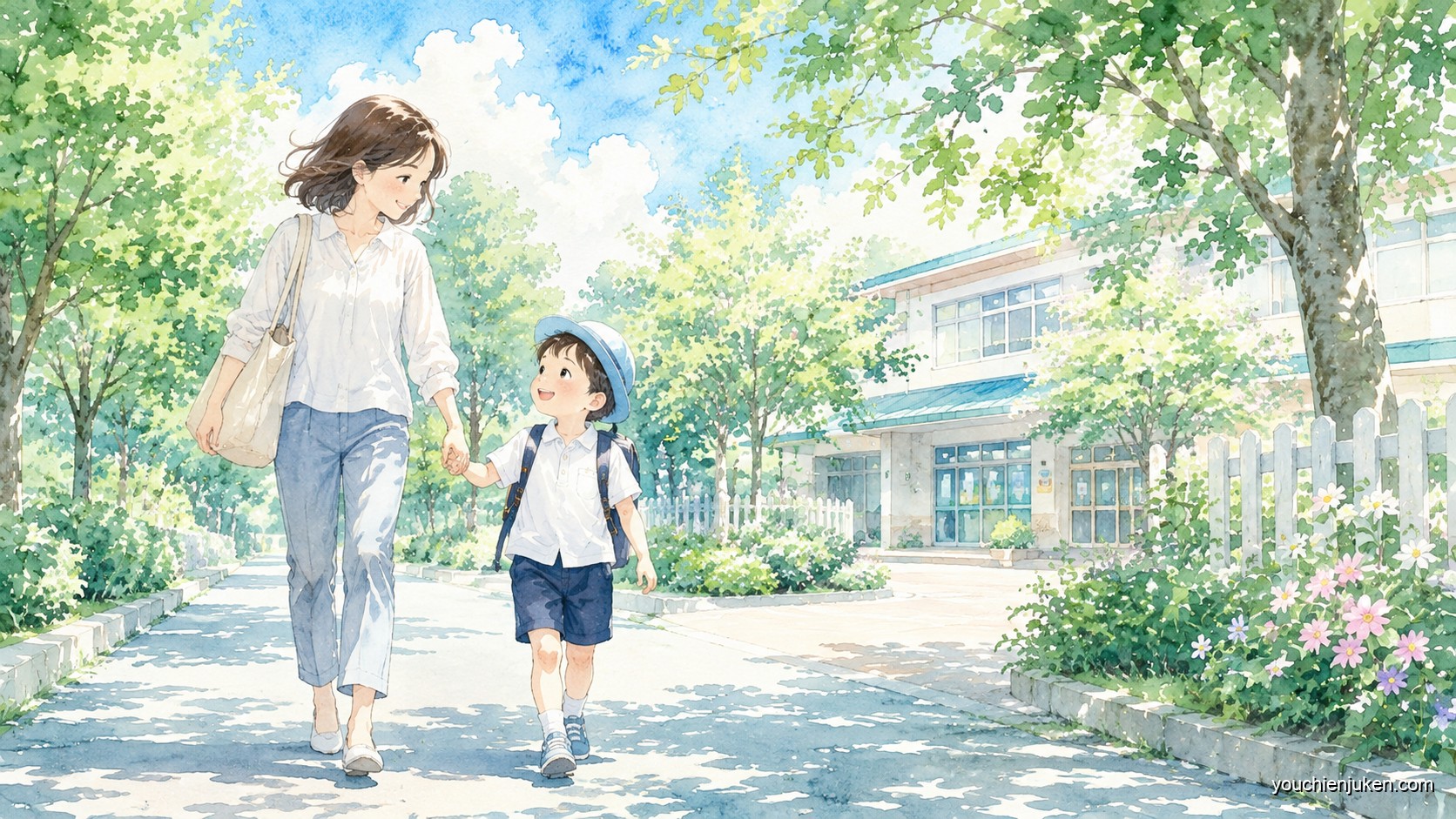 山口大学教育学部附属幼稚園に付き添い通園する親子