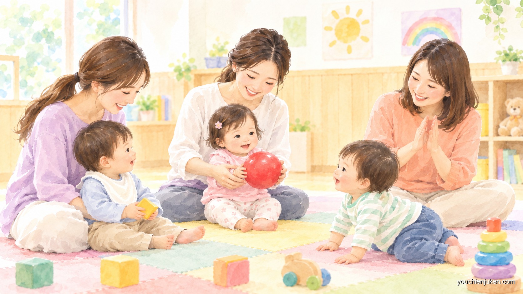 ベビーパークのイメージ。親子教室で0〜3歳の子どもと一緒に遊ぶ母親たちの水彩イラスト